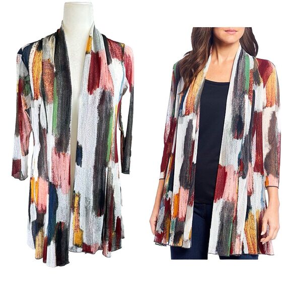 Ali Miles Black Red Geometric Artsy Abstract Shawl Neckline Cardigan Sheer Sz. S - Picture 1 of 14